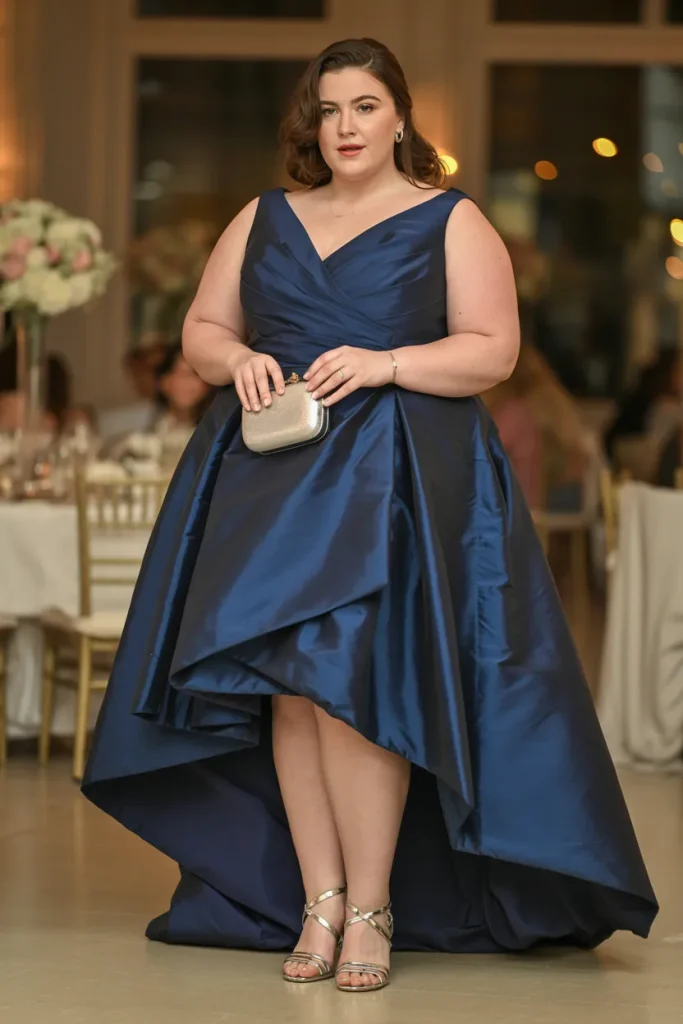 Plus Size Navy Blue High Low Hemline Taffeta Wedding Guest Dress