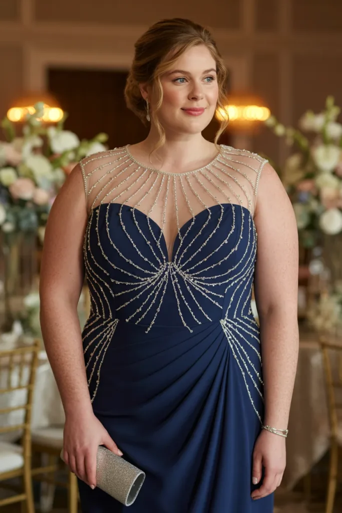 Plus Size Navy Blue Illusion Neckline Beaded Wedding Guest Dress