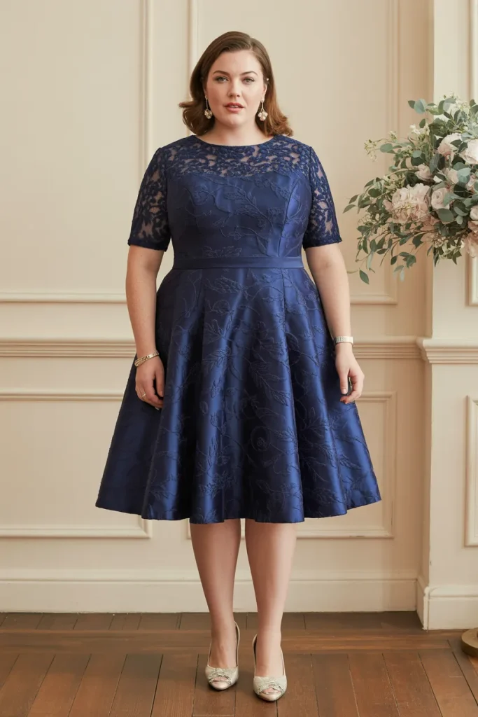 Plus Size Navy Blue Jacquard Fit and Flare Wedding Guest Dress 1