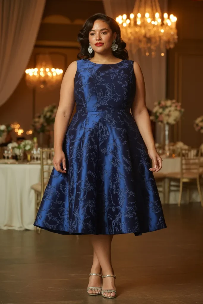 Plus Size Navy Blue Jacquard Fit and Flare Wedding Guest Dress