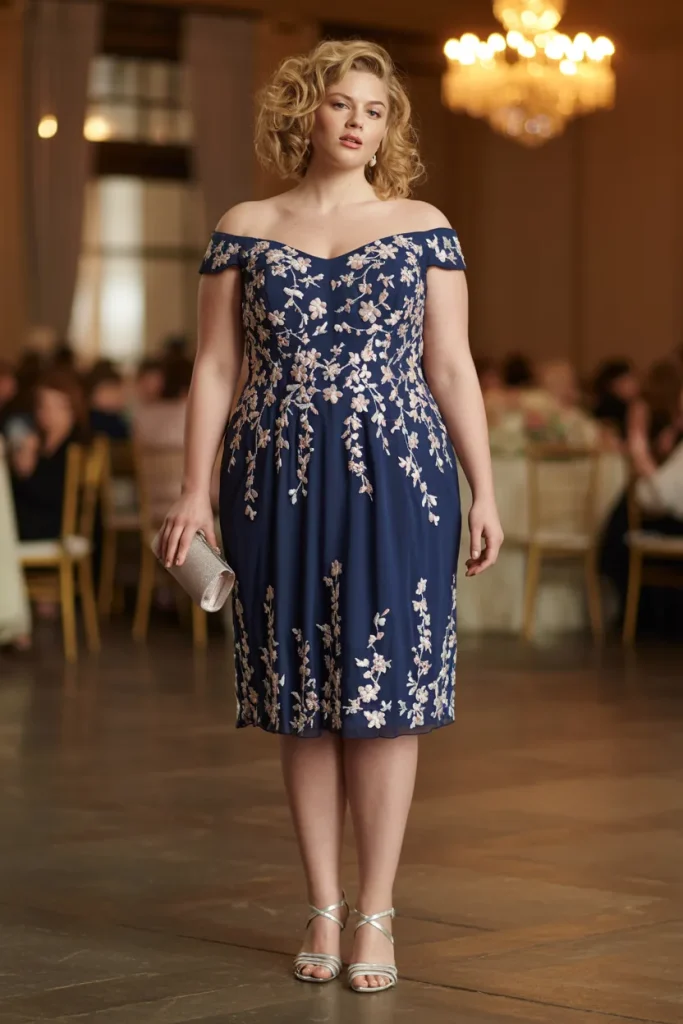 Plus Size Navy Blue Off Shoulder Floral Applique Cocktail Wedding Guest Dress