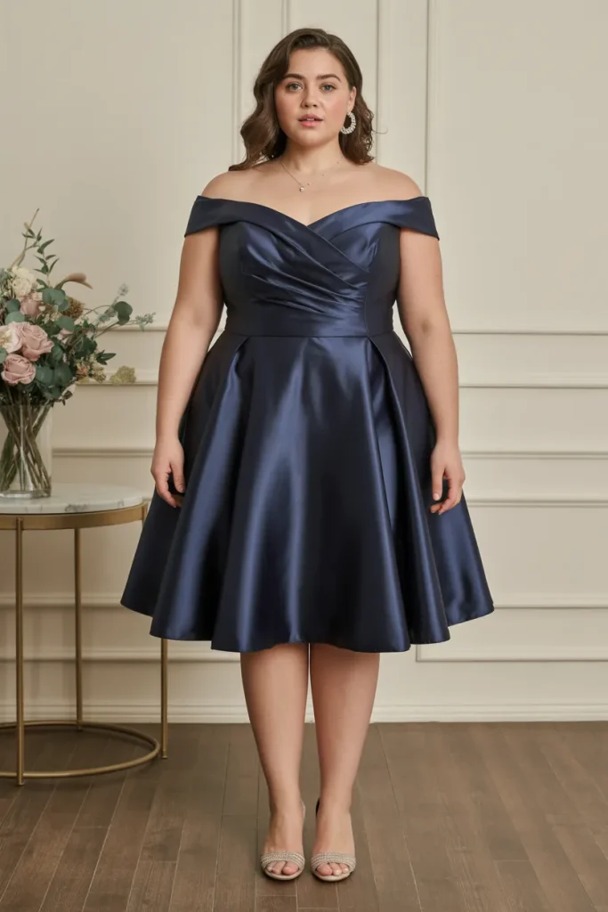 Plus Size Navy Blue Off Shoulder Satin Fit and Flare Wedding Guest Dress