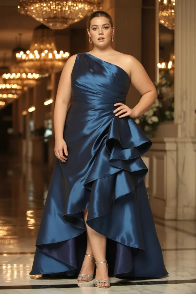 Plus Size Navy Blue One Shoulder Satin Cascading Ruffle Wedding Guest Dress