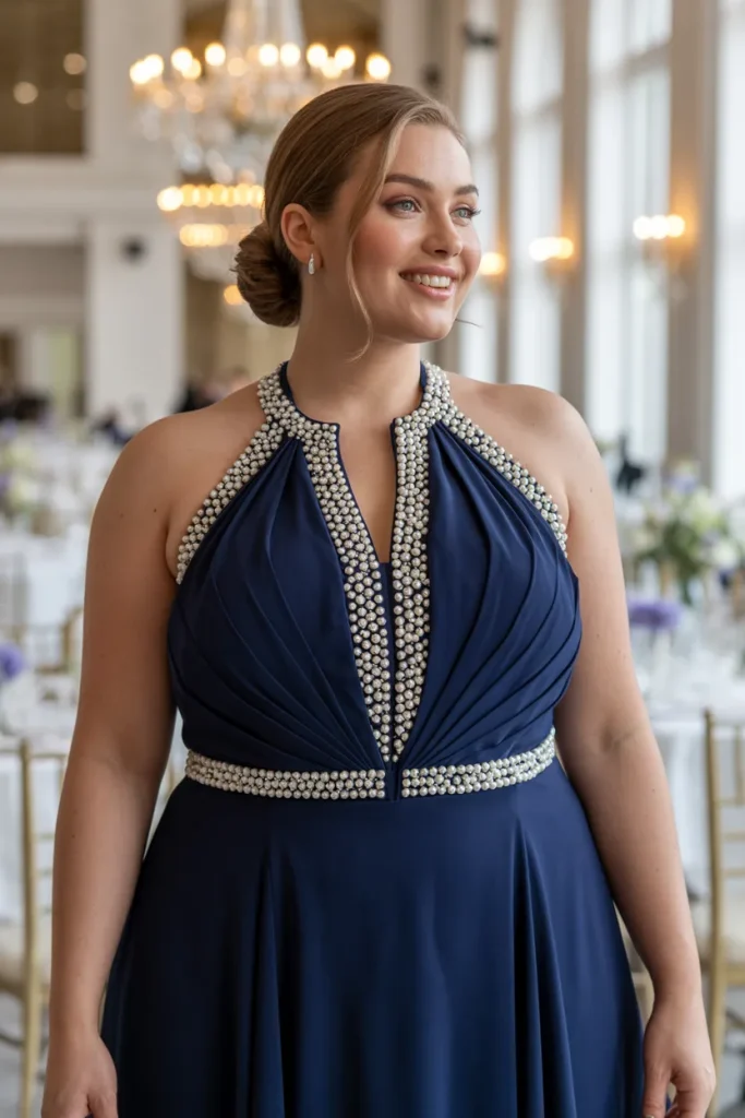 Plus Size Navy Blue Pearl Embellished Halter Wedding Guest Dress