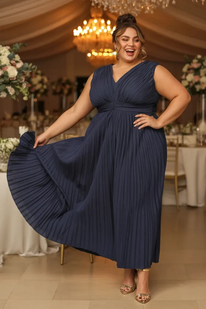 Plus Size Navy Blue Pleated Goddess Wedding Guest Dress