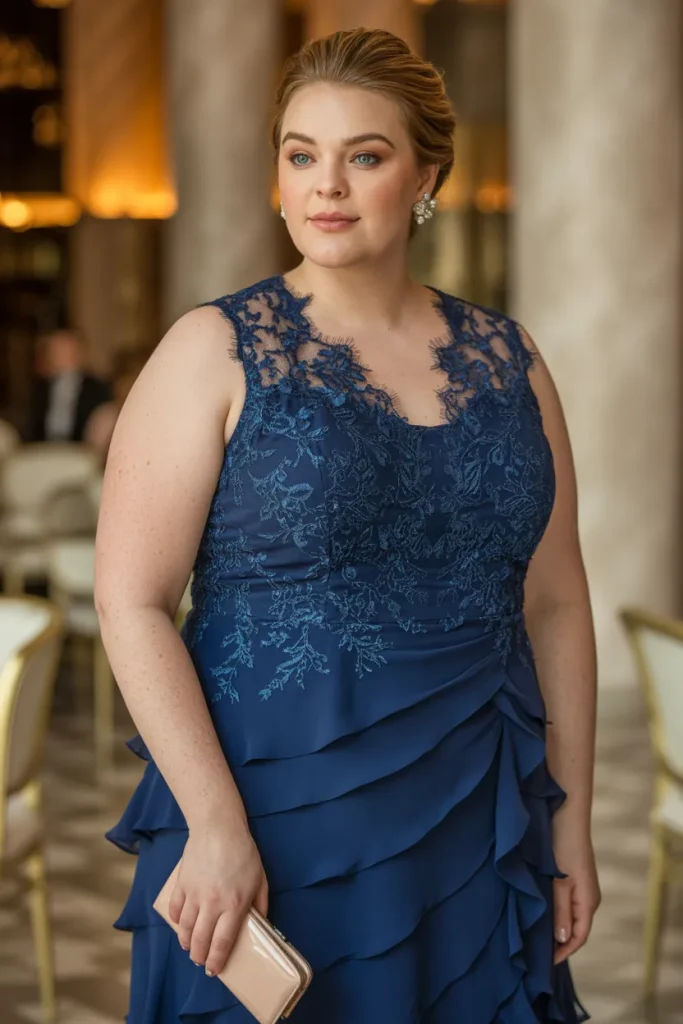 Plus Size Navy Blue Ruffled Lace Wedding Guest Dress