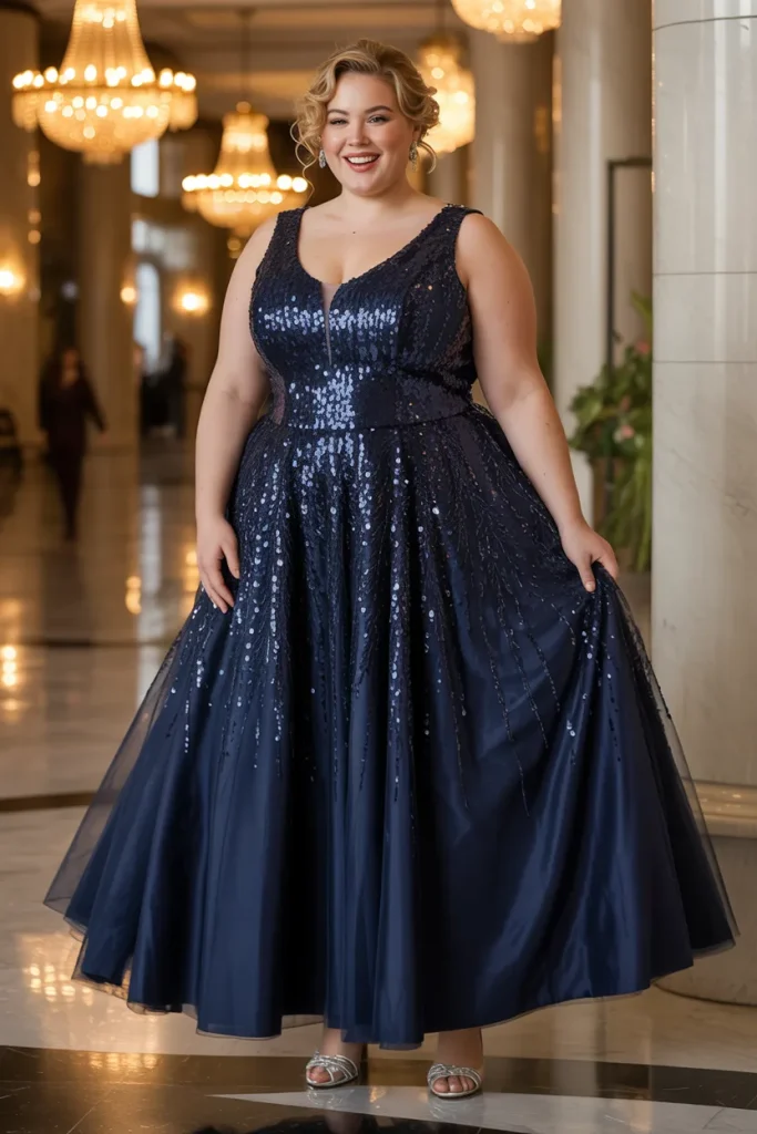 Plus Size Navy Blue Sequined Bodice Ball Gown Wedding Guest Dress