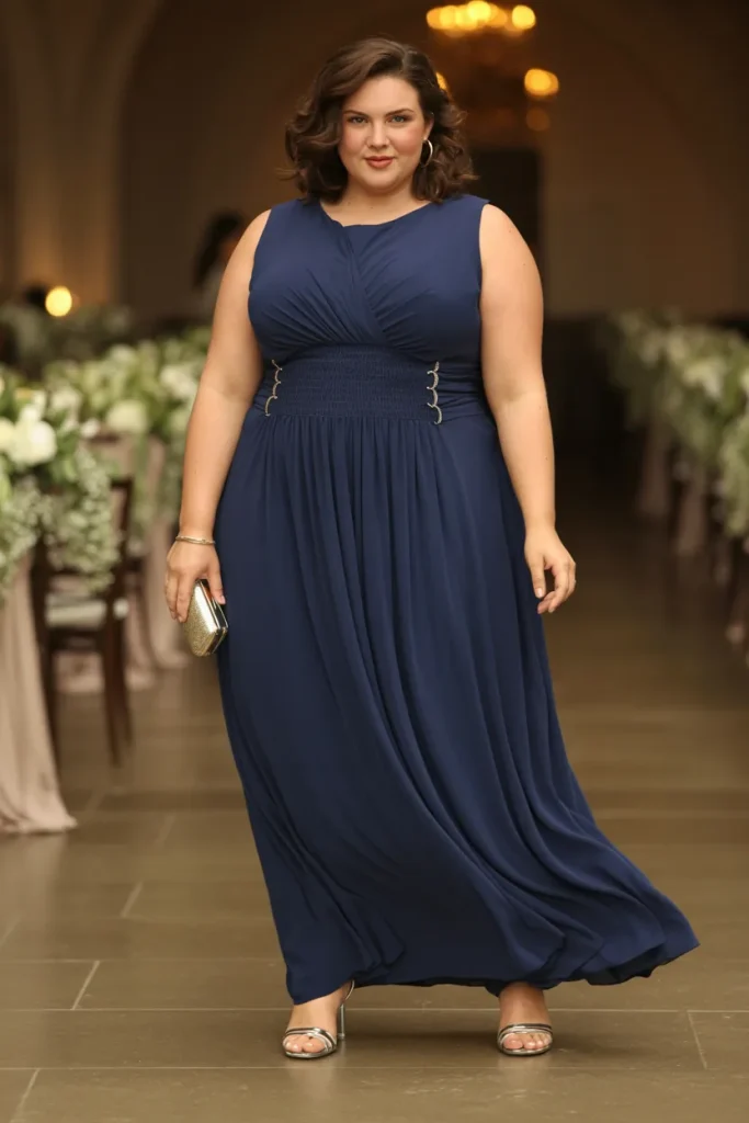 Plus Size Navy Blue Smocked Waist Clip Maxi Wedding Guest Dress