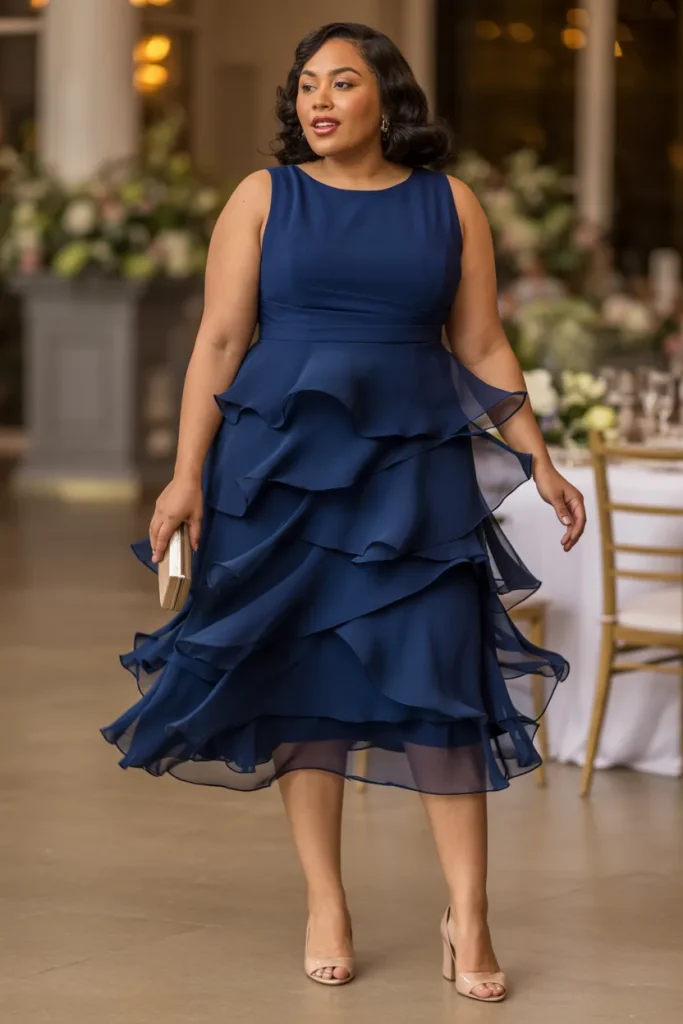 Plus Size Navy Blue Tiered Ruffle Midi Wedding Guest Dress