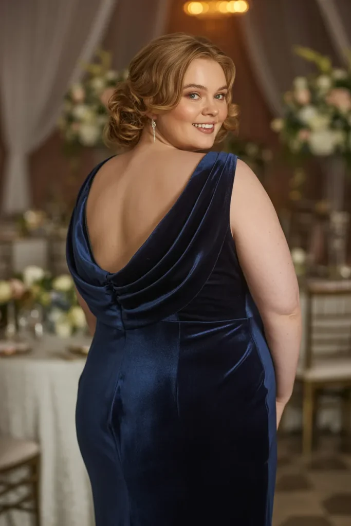 Plus Size Navy Blue Velvet Cowl Back Wedding Guest Dress