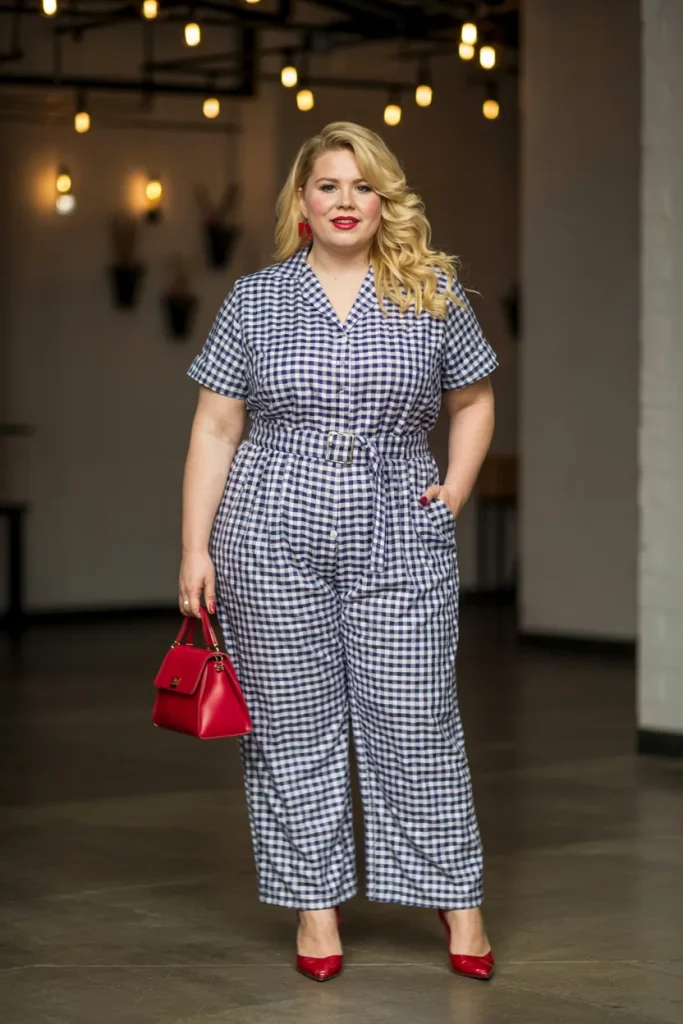Plus Size Navy Gingham Belted Jumpsuit with Red Accessories Easter Outfit