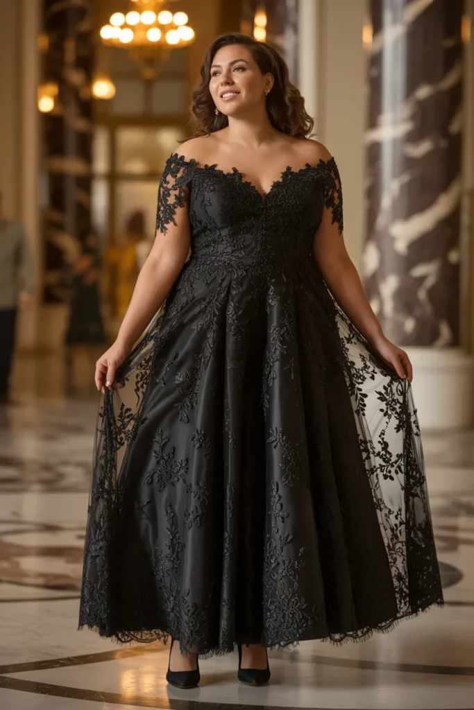 Plus Size Off Shoulder Lace Overlay Black Wedding Dress