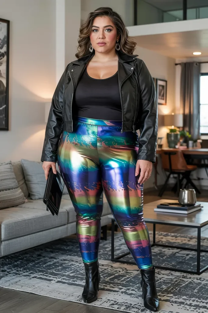 Plus Size Oil Slick Foil Print Legging Outfit