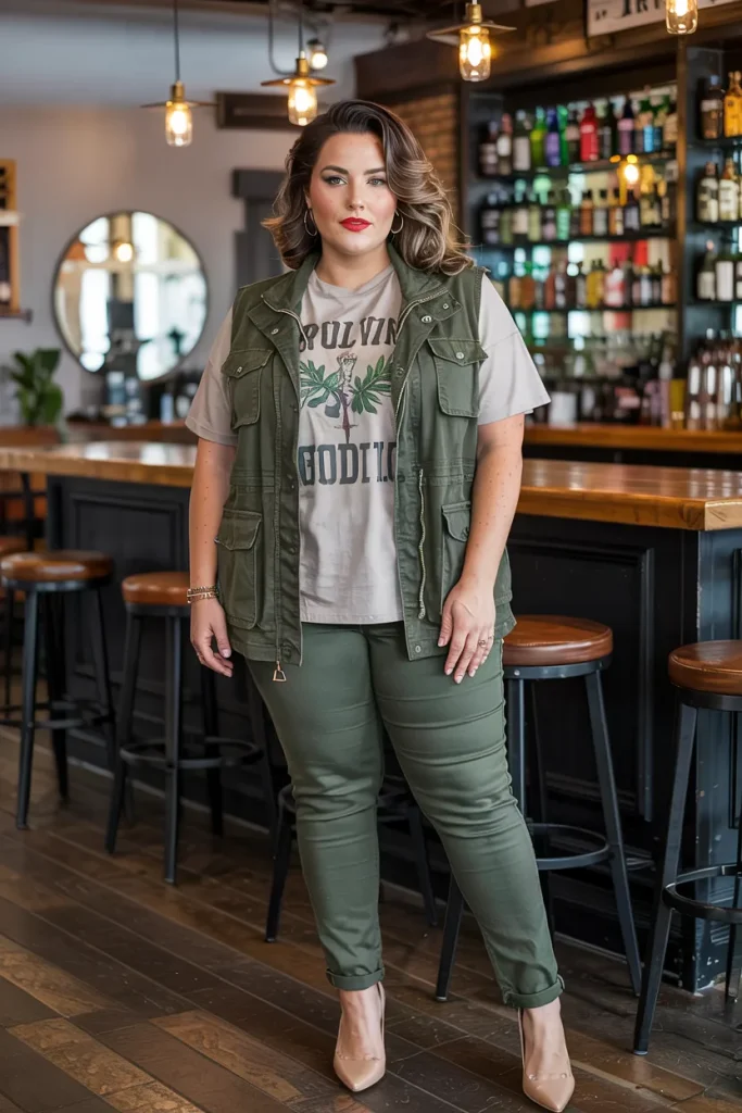 Plus Size Olive Green Utility Vest With Graphic Tee Outfit
