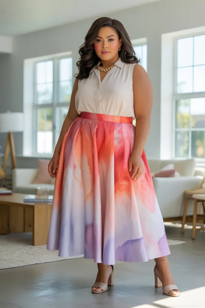 Plus Size Ombre Watercolor Summer Skirt Outfit