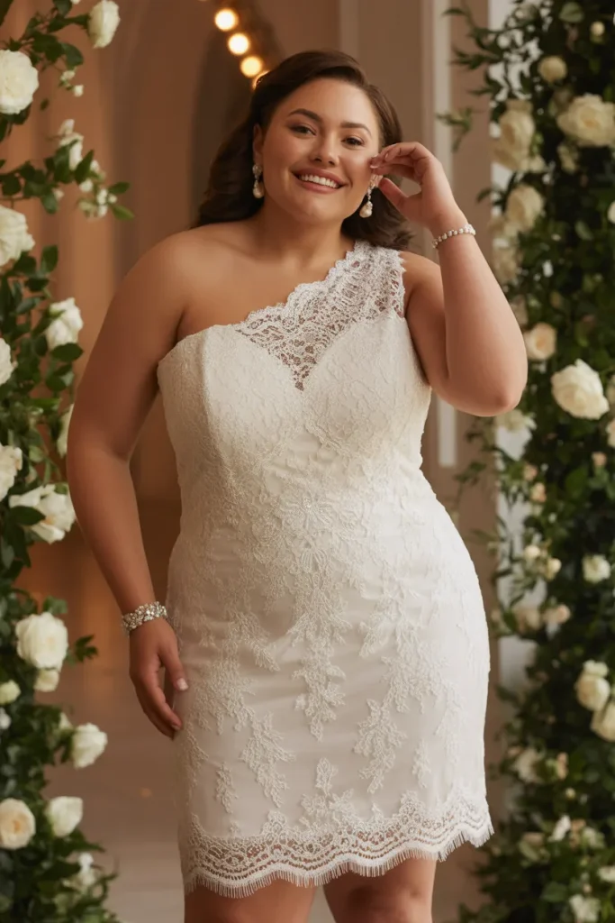 Plus Size One Shoulder Lace Scalloped Hem Short Wedding Dress