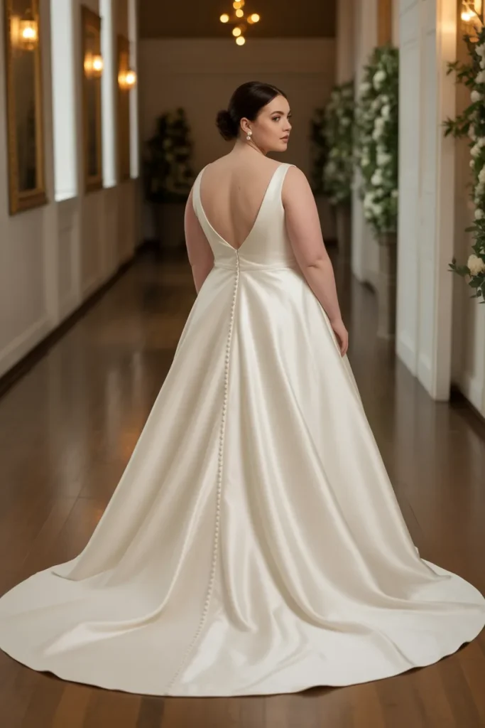 Plus Size Open-Back Satin A-Line Wedding Dress with Train