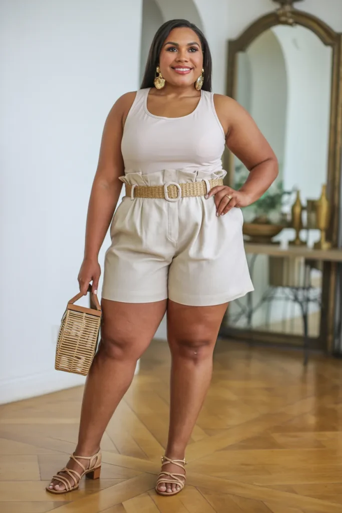 Plus Size Paper Bag Waist Linen Shorts Summer Outfit