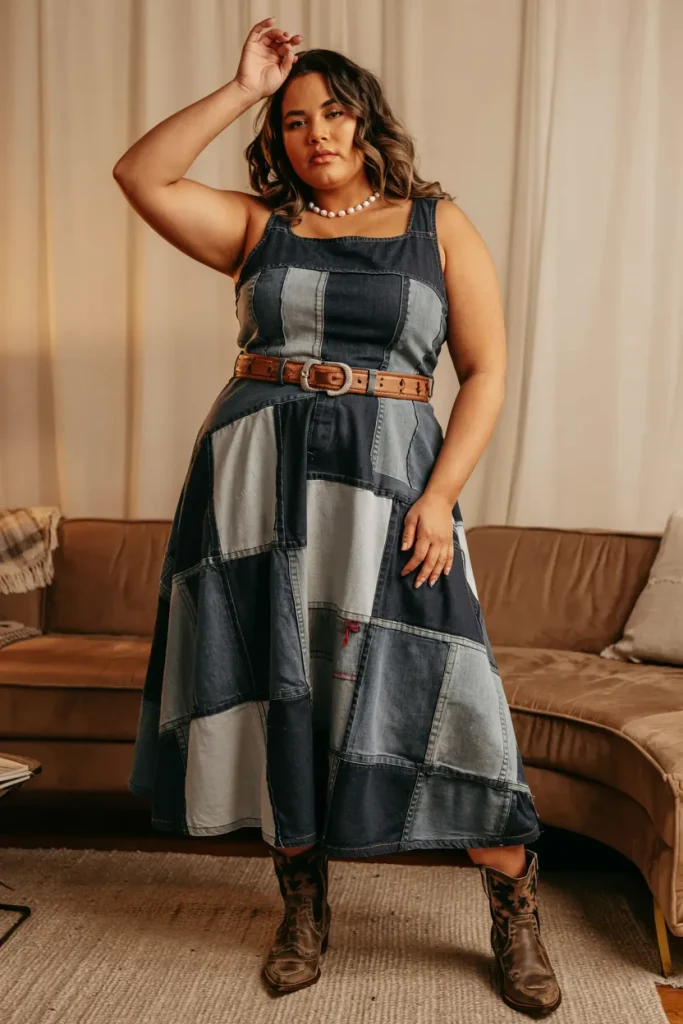 Plus Size Patchwork Denim Midi Dress