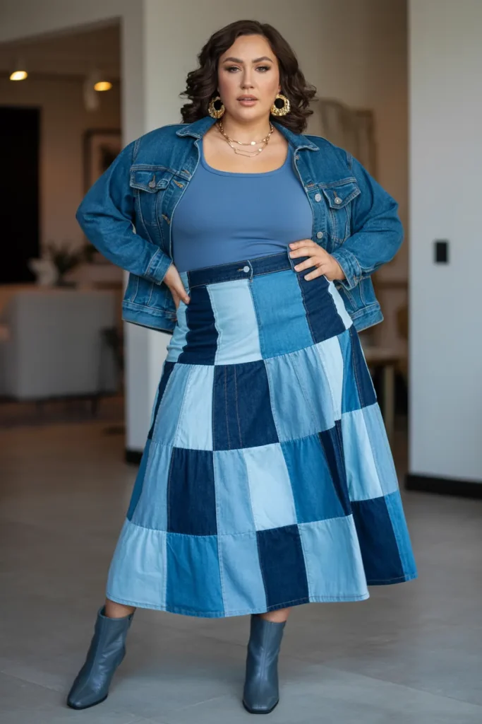 Plus Size Patchwork Denim Summer Skirt Outfit