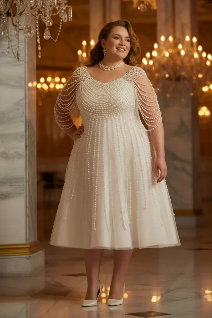 Plus Size Pearl Embellished Shift Wedding Dress