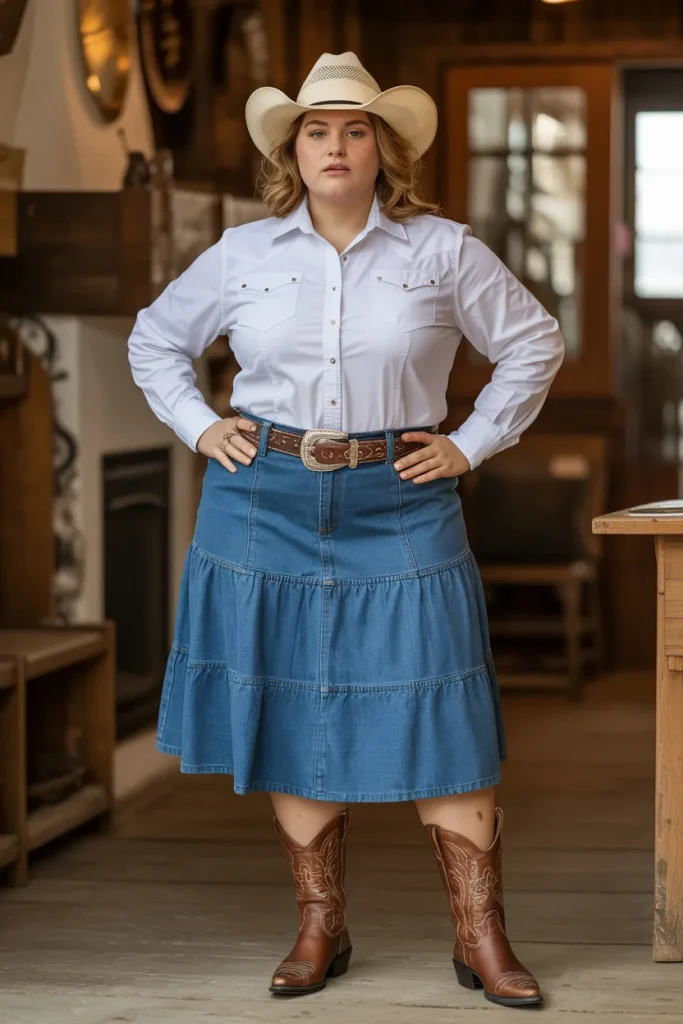 Plus Size Pearl Snap Western Shirt with Tiered Denim Skirt