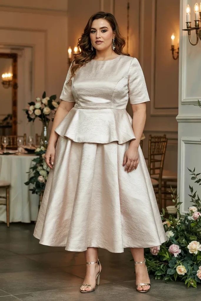 Plus Size Peplum Jacquard Midi Wedding Guest Dress