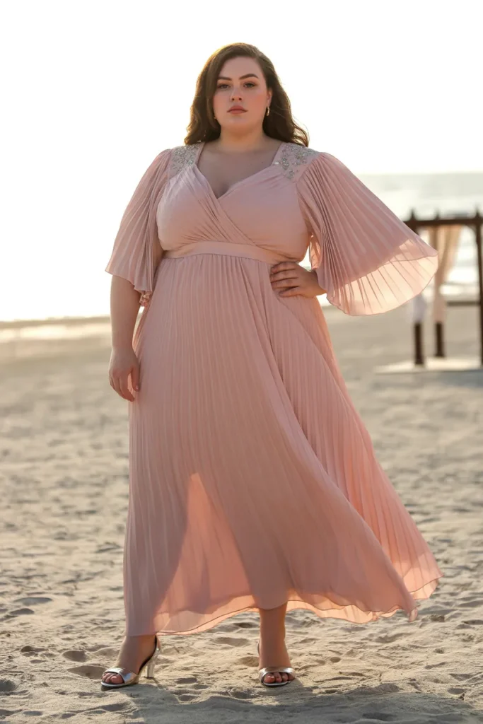 Plus Size Pink Pleated Batwing Sleeve Chiffon Maxi Wedding Guest Dress