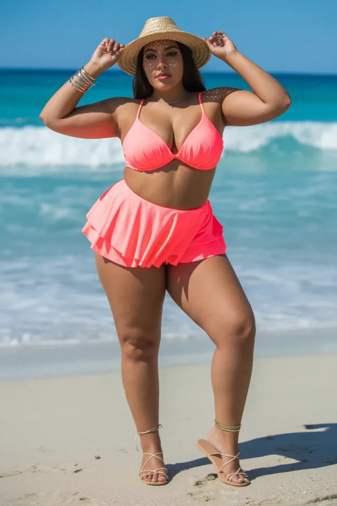 Plus Size Pink Ruffled Bikini with Tiered Skirt