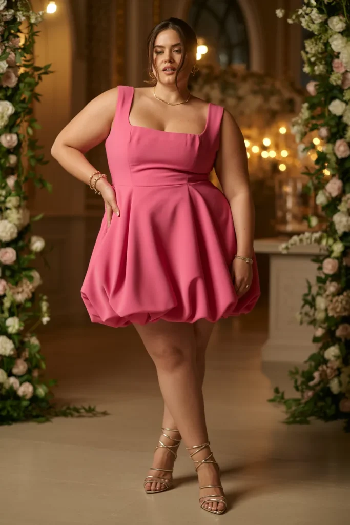 Plus Size Pink Square Neck Bubble Mini Dress