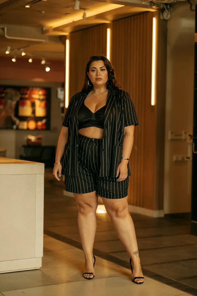 Plus Size Pinstripe Shorts Suit Summer Outfit