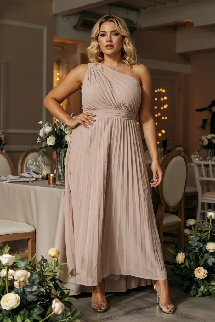 Plus Size Pleated One Shoulder Grecian Wedding Guest Dress