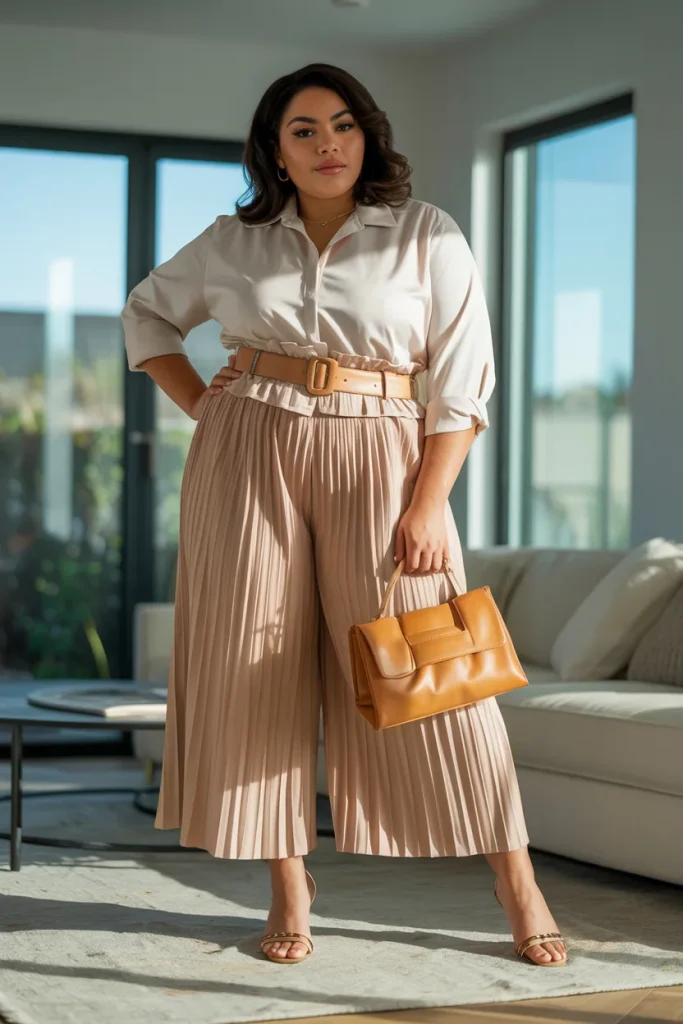 Plus Size Pleated Paperbag Culottes Summer Outfit