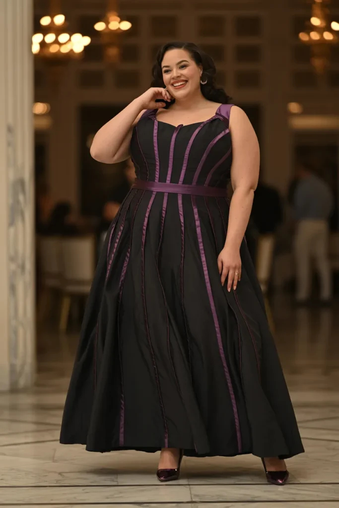 Plus Size Plum Trimmed Princess Seam Black Wedding Dress