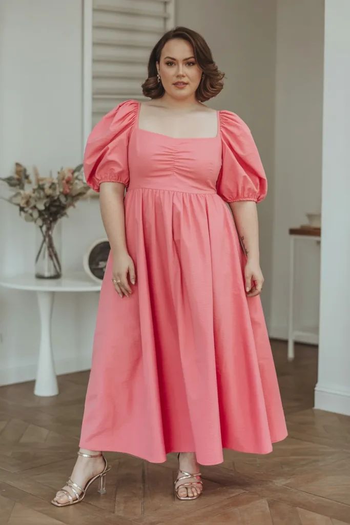 Plus Size Puffed Sleeve A-Line Maxi Dress Summer Outfit