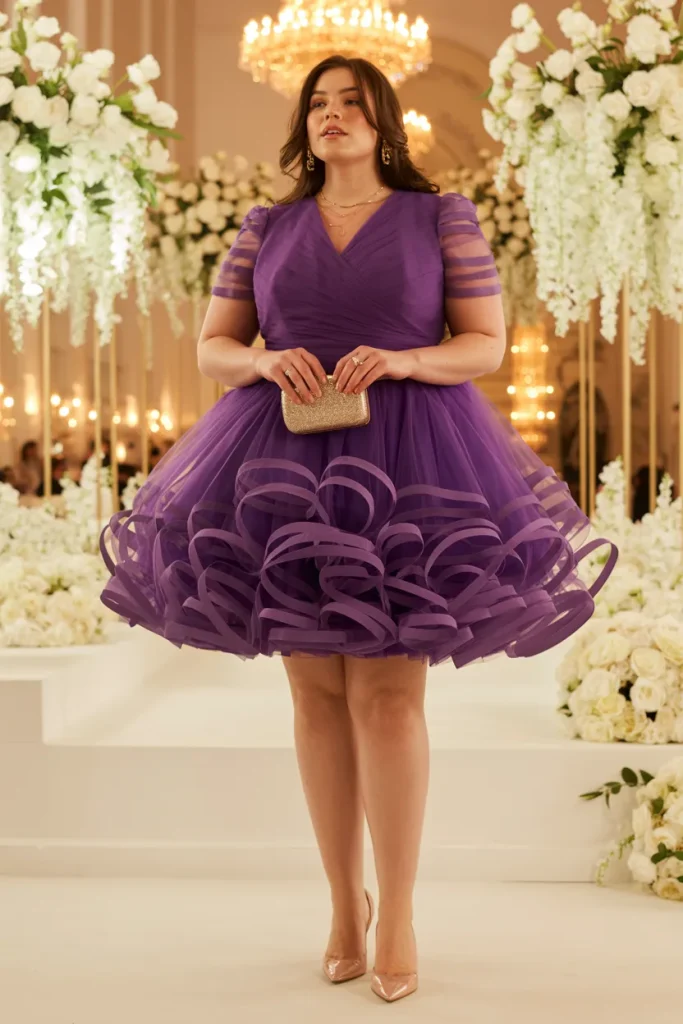 Plus Size Purple Short Sleeve Bubble Ruffle Tulle Mini Dress