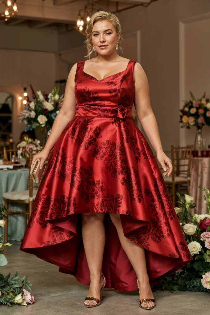 Plus Size Red Floral Peplum Satin High Low Wedding Guest Dress