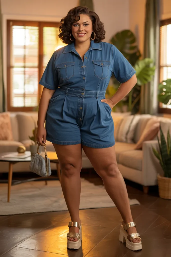 Plus Size Retro Denim Playsuit Summer Outfit