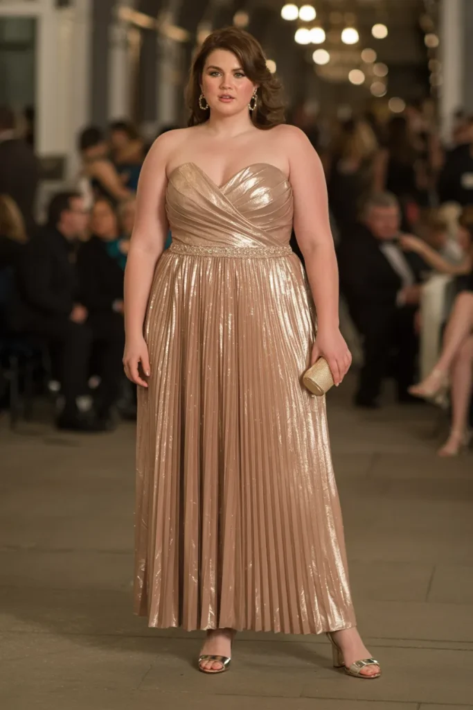 Plus Size Rose Gold Metallic Lame Strapless Gown with Pleated Skirt