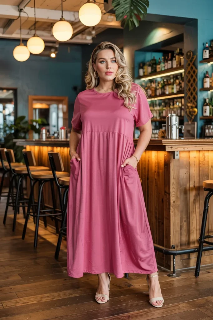 Plus Size Round Neck Short Sleeve Pocket Maxi Dress