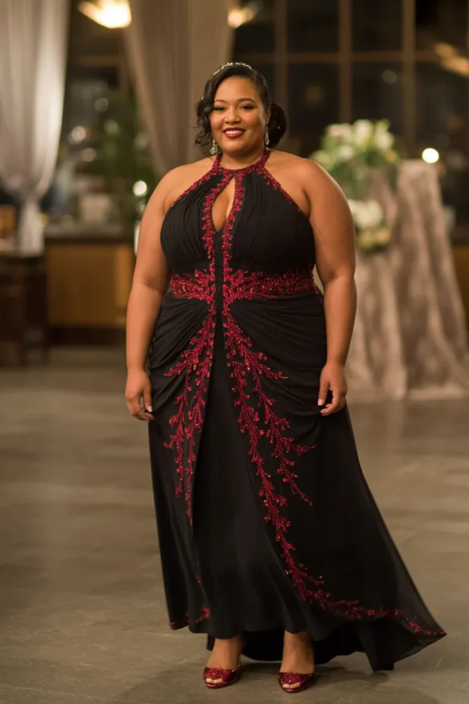 Plus Size Ruby Accented Halter Neck Black Wedding Dress