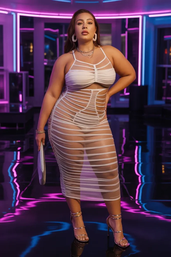 Plus Size Ruched Mesh Midi Dress with Cutouts Summer Club Outfit