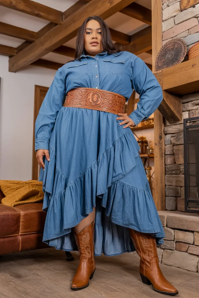 Plus Size Ruffled Denim Dress with Tooled Leather Belt