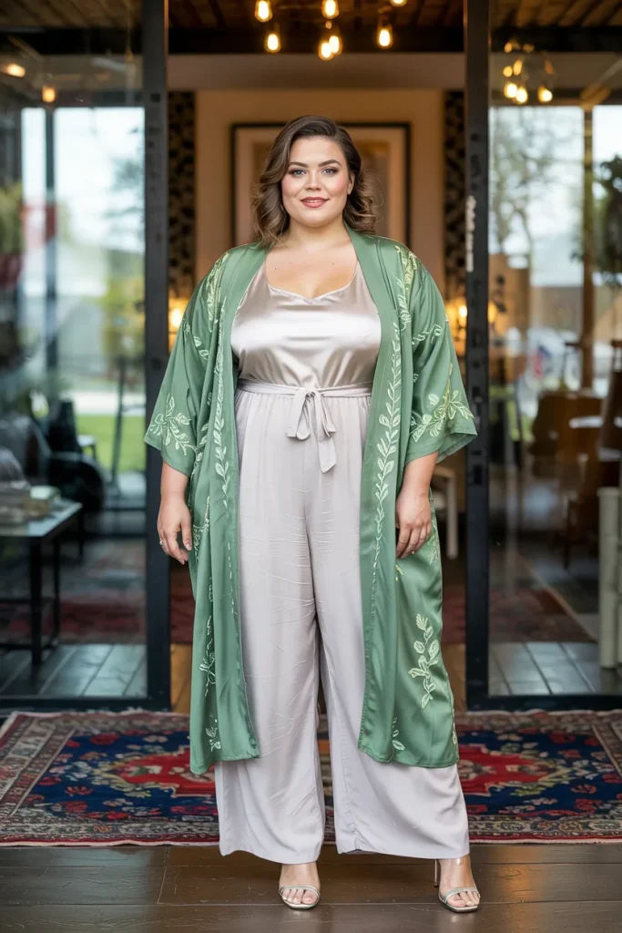 Plus Size Sage Green Embroidered Kimono with White Wide Leg Jumpsuit Easter Outfit