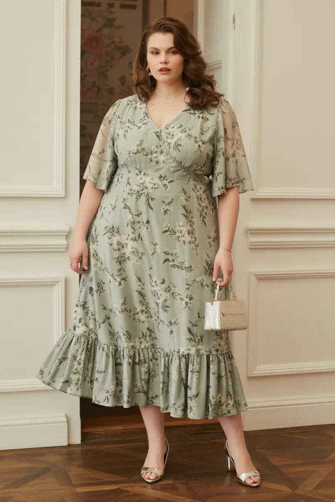 Plus Size Sage Green Floral Print Ruffle Hem Wedding Guest Dress