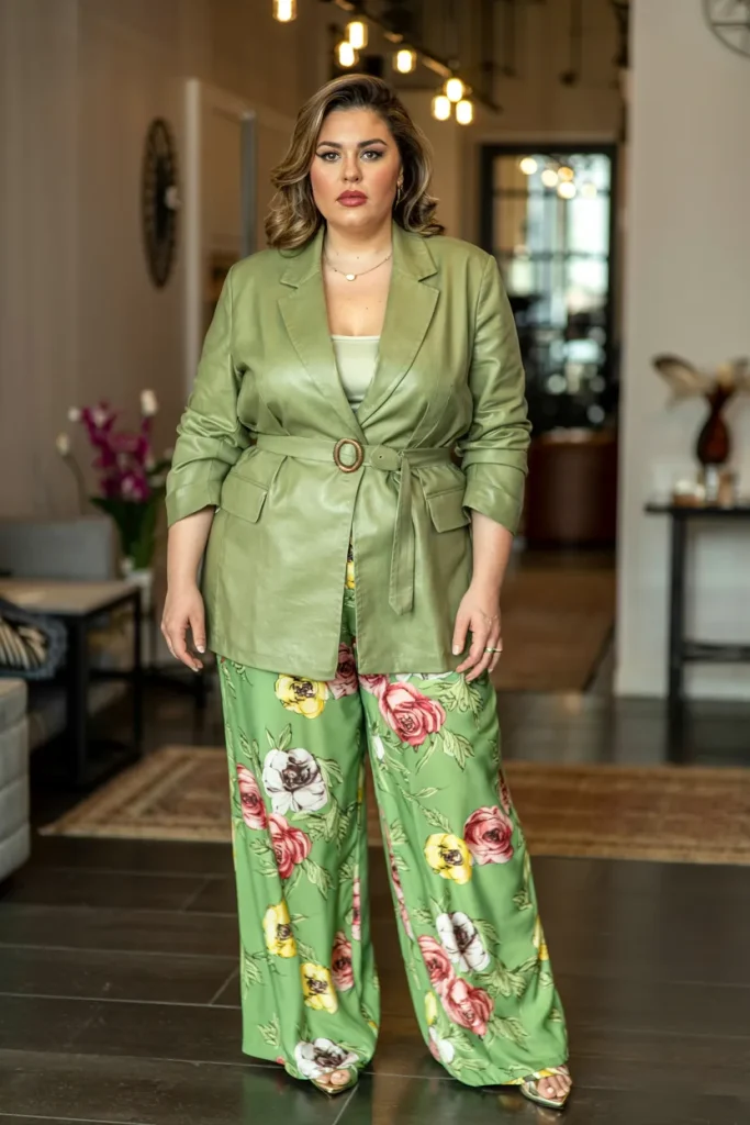 Plus Size Sage Green Linen Blazer with Floral Wide Leg Pants Easter Outfit