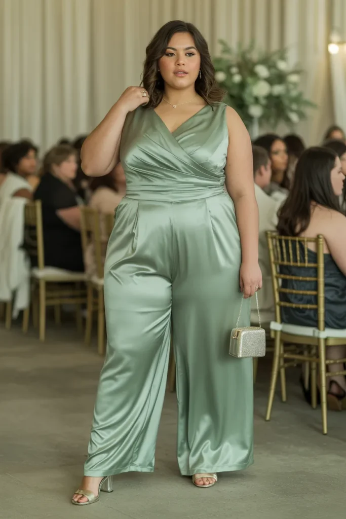 Plus Size Sage Green Satin Palazzo Jumpsuit Wedding Guest Outfit