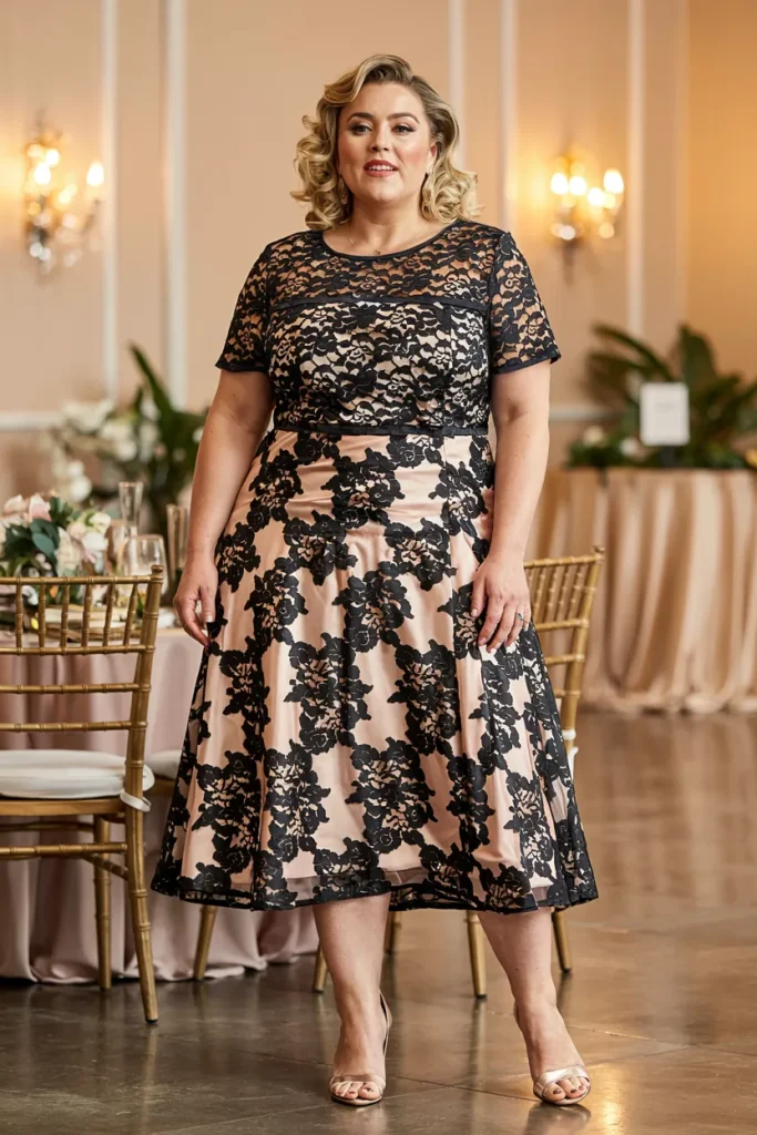 Plus Size Scalloped Lace Overlay Cocktail Wedding Guest Dress