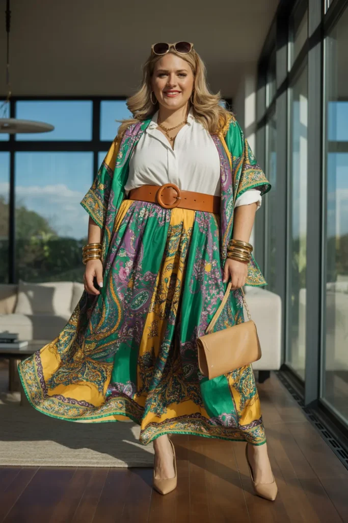 Plus Size Scarf Print Summer Skirt Outfit
