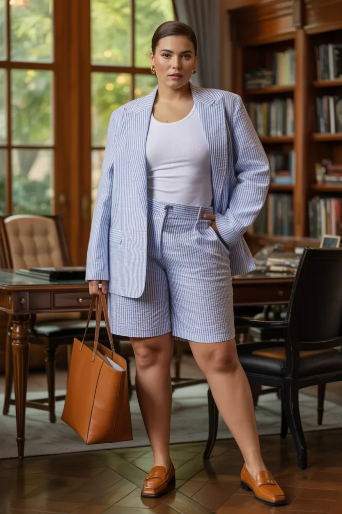 Plus Size Seersucker Bermuda Suit Summer Outfit